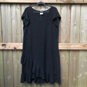 Dunes 100% Cotton Midi Dress Size XL Black Gauzy Dolman Slit Sleeve Ruffle Hem